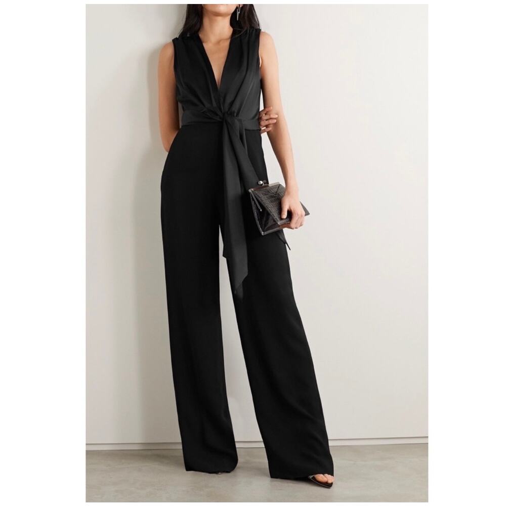 Jonathan Simkhai‎ Tie Front Satin Wrap Jumpsuit Sleeveless V-Neck Black Size 4